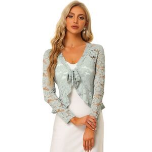 Floral Lace Shrug Tie Front Top Ruffled Hem Sheer Crop Bolero Cardigan Grey